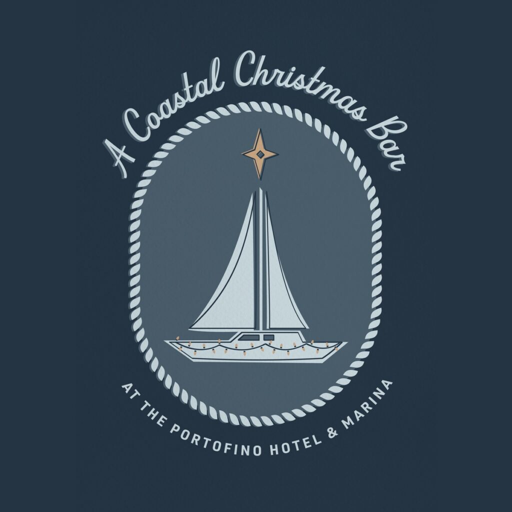 A Coastal Christmas Bar logo with a lighted sailboat crest, the seasonal pop-up bar at The Portofino Hotel & Marina in Redondo Beach, California